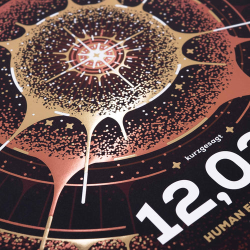 Close up of the 12,026 Human Era Calendar cover showing the shiny foil