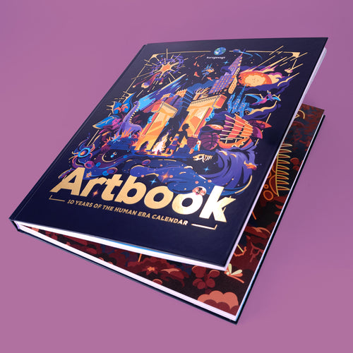 Artbook with colorful design on a purple background