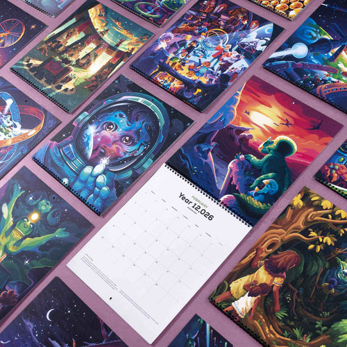 Overview of 12,026 Human Era Calendar pages showing colorful artwork