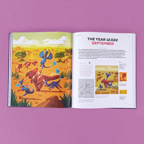 Open artbook with colorful illustrations of dinosaurs on a purple background, titled "The Year 12,022 September"
