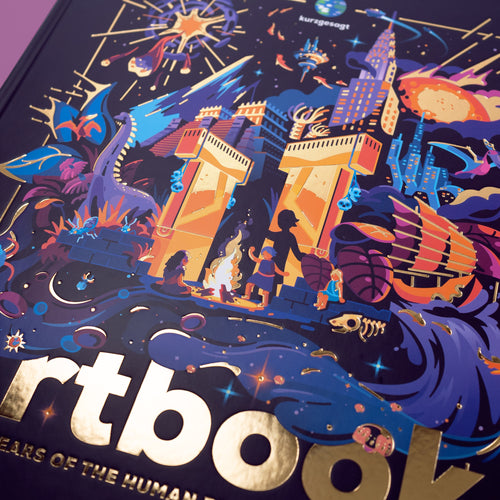 Colorful artbook cover with illustrations and shiny foil lettering