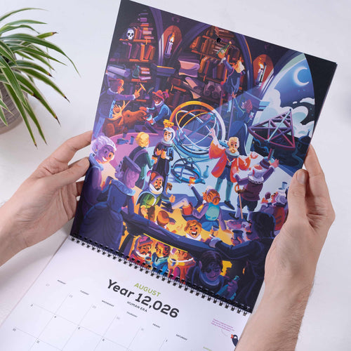 12,026 Calendar with a colorful illustration of characters debating the stars