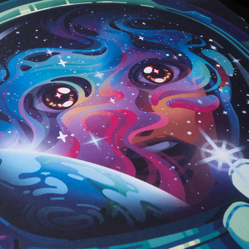 Close up of 12,026 Human Era Calendar  page featuring an astronaut with swirling patterns and stars.